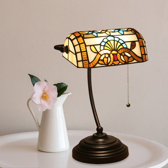 Tiffany Rhombus Patterned Desk Lamp With Cut Glass Pull Chain In Brown/Blue/Green/White