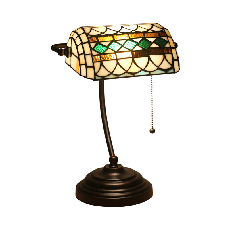 Tiffany Rhombus Patterned Desk Lamp With Cut Glass Pull Chain In Brown/Blue/Green/White