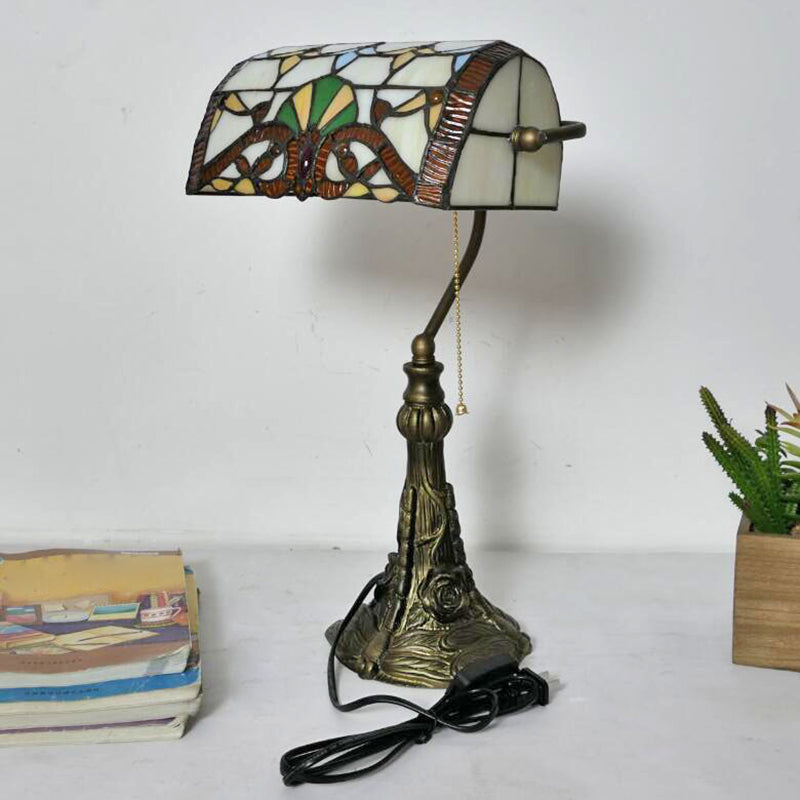 Bronze Pull Chain Desk Lamp With Hand-Cut Glass Shade & Plug-In Cord Mediterranean Style