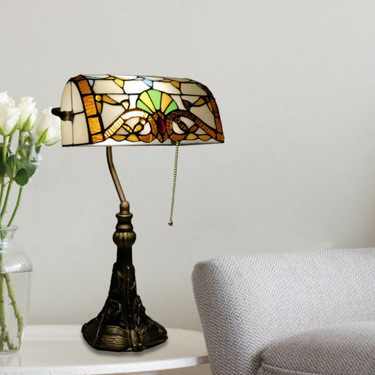 Bronze Pull Chain Desk Lamp With Hand-Cut Glass Shade & Plug-In Cord Mediterranean Style