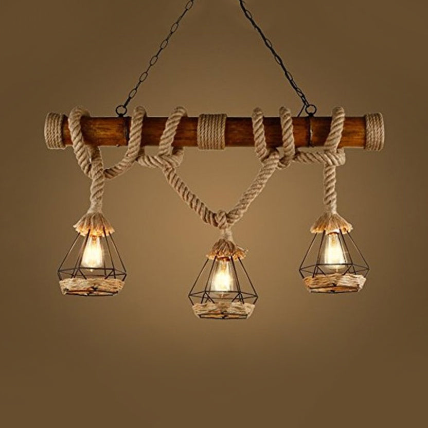 Beige Diamond Cage Island Pendant With 3 Lights - Perfect For Restaurant And Lodge