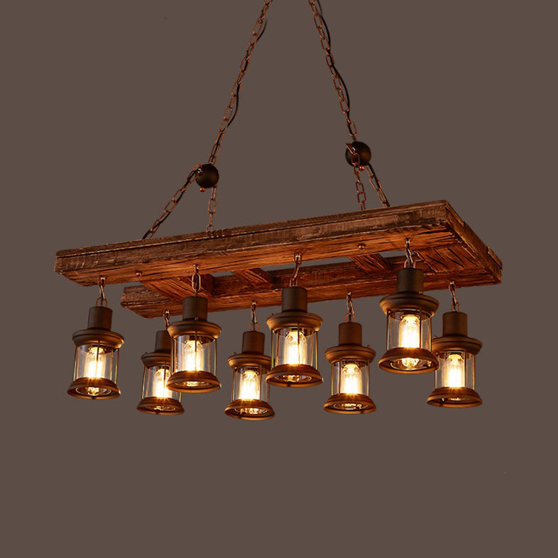 Rustic 8-Lightkitchen Island Pendant Light Fixture - Lantern-Style Clear Glass Hanging Lamp In Black