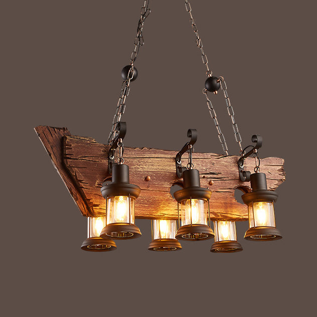 Industrial Brown Lantern Island Pendant Light With Clear Glass And Wood - 6-Light Fixture