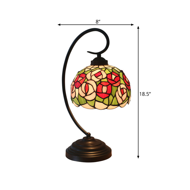 1-Light Baroque Dark Coffee Flower Patterned Desk Lamp For Bedroom Enchanting Dome Stained Glass