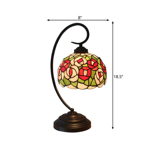 1-Light Baroque Dark Coffee Flower Patterned Desk Lamp For Bedroom Enchanting Dome Stained Glass