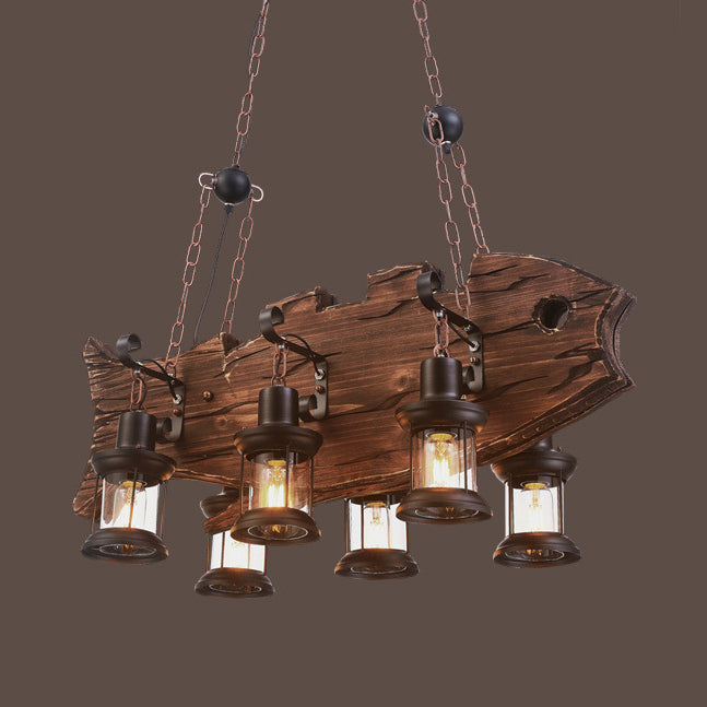 Rustic Clear Glass Island Pendant Light With Wooden Fish Design - Brown Caged 6-Bulb Hanging