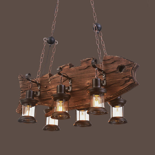 Rustic Clear Glass Island Pendant Light With Wooden Fish Design - Brown Caged 6-Bulb Hanging