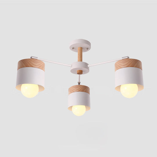 Nordic Style 3-Light Metal Cylindrical Ceiling Semi Flush Chandelier With White Wooden Cap For