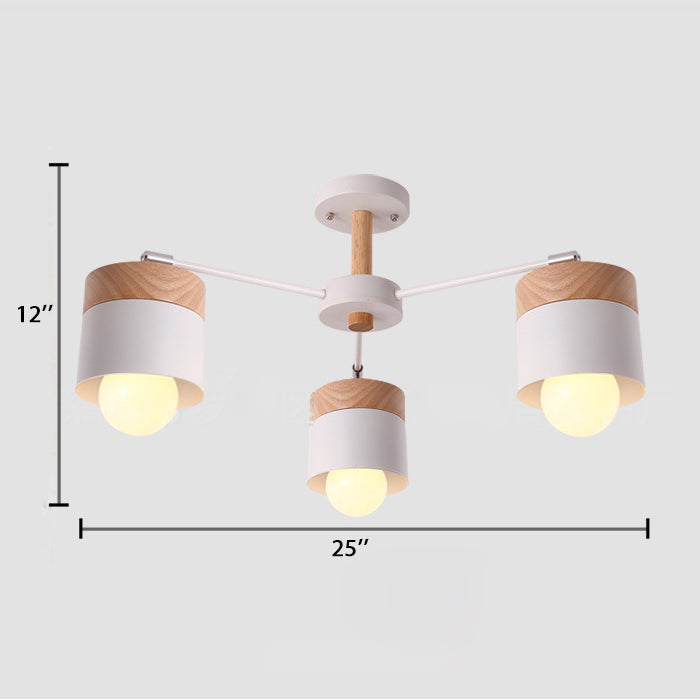 Nordic Style 3-Light Metal Cylindrical Ceiling Semi Flush Chandelier with White Wooden Cap for Living Room