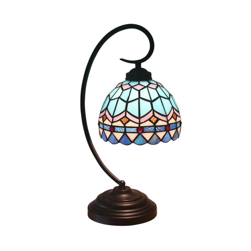 Yellow/Blue Tiffany Style Domed Nightstand Lamp - Stained Art Glass Task Lighting Curvy Arm