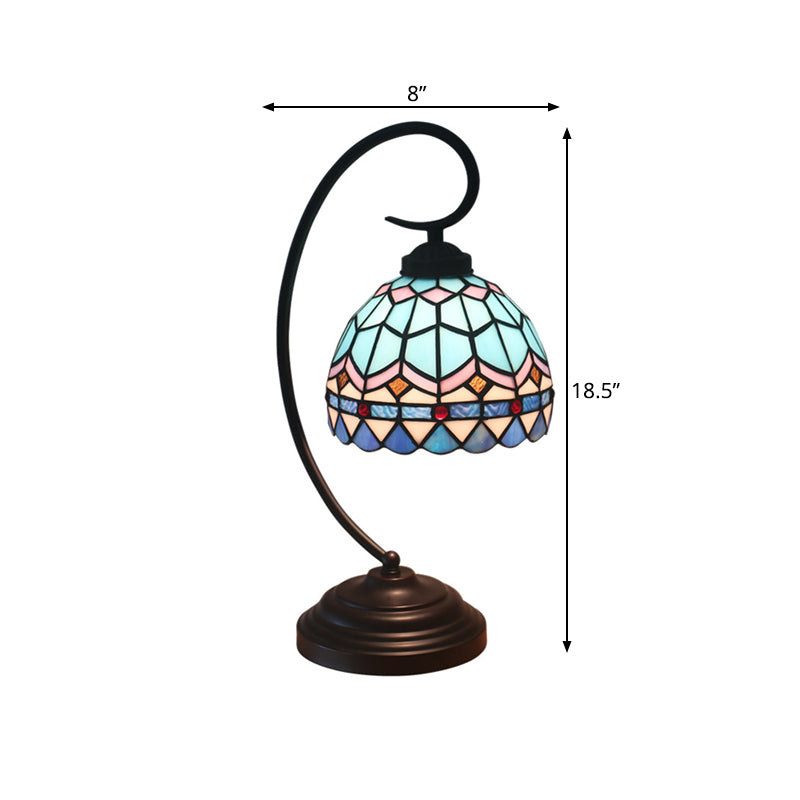 Yellow/Blue Tiffany Style Domed Nightstand Lamp - Stained Art Glass Task Lighting Curvy Arm