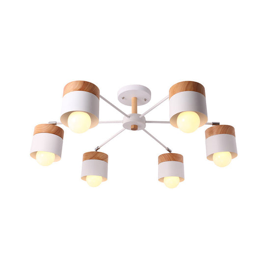 White Finish 6-Bulb Ceiling Mount Chandelier - Nordic Wood and Metal Semi Flush Pendant Light