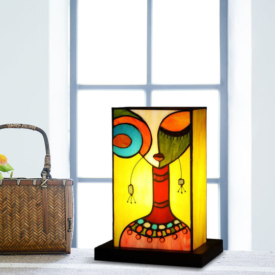 Green Baroque Rectangle Night Lamp With Hand-Cut Glass: Abstract Woman Pattern