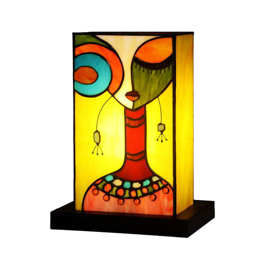 Green Baroque Rectangle Night Lamp With Hand-Cut Glass: Abstract Woman Pattern