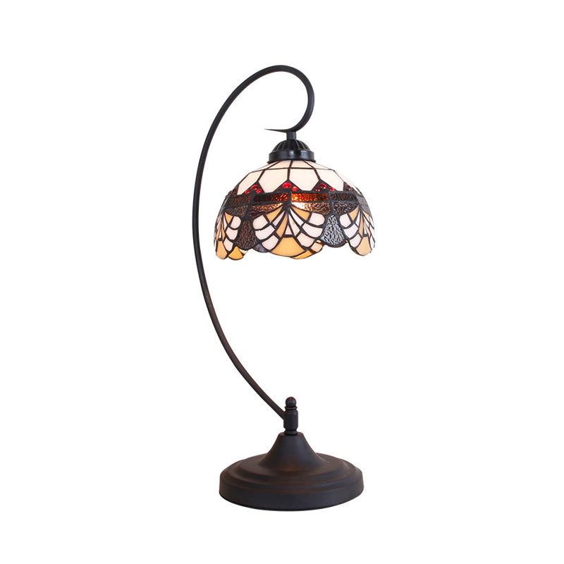 Victorian Dome Shade Hand-Cut Glass Table Light - 1-Light Black Finish Nightstand Lamp With Curved