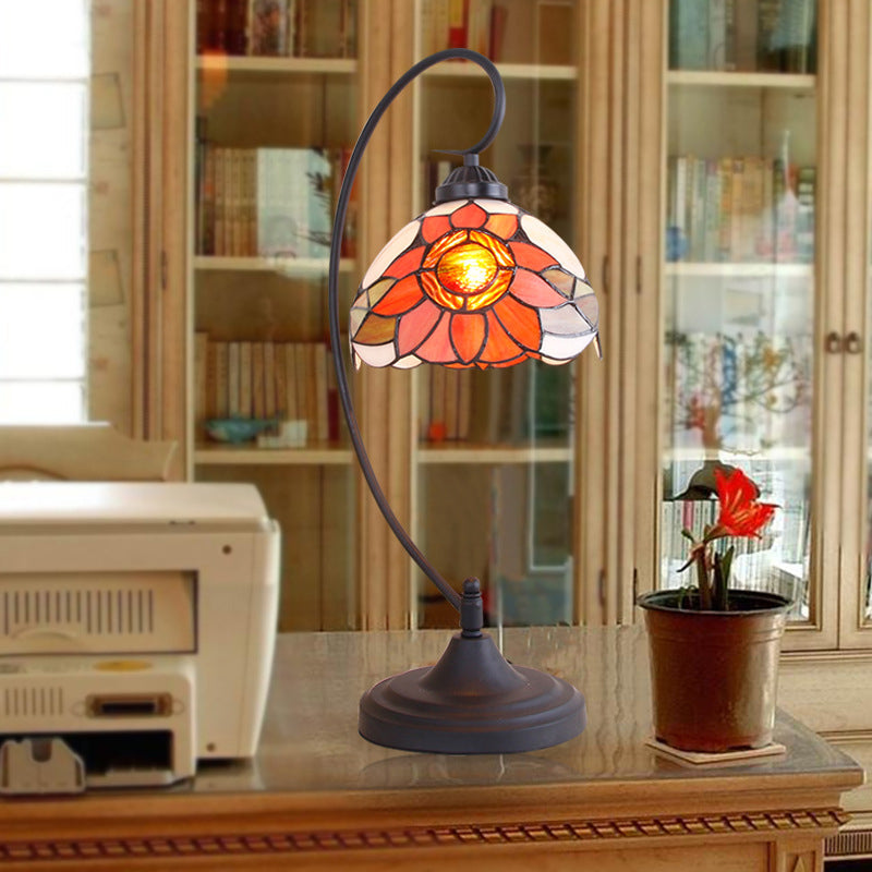 Tiffany Black Sunflower Patterned Nightstand Lamp With Bowl Cut Glass Shade - Perfect Living Room