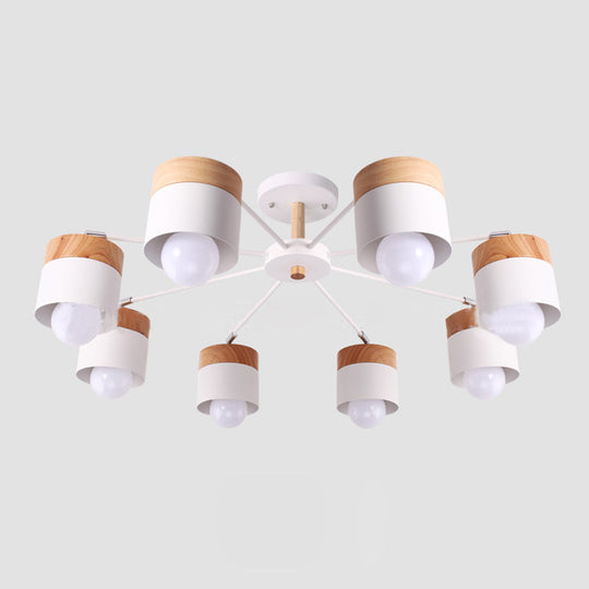 8-Light Modern White Metal and Wood Semi Flush Chandelier - Stylish Ceiling Light Fixture