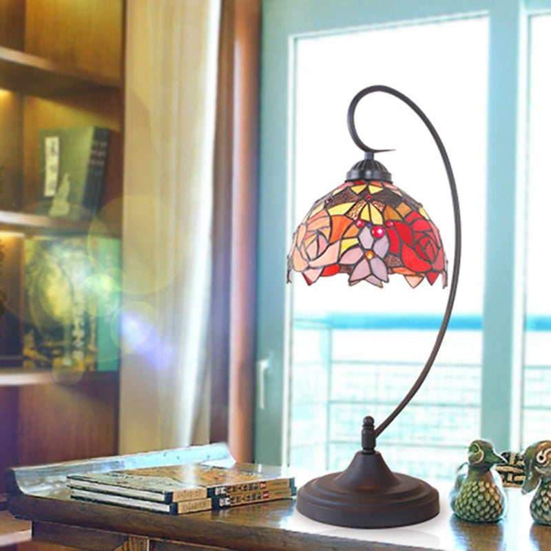 Hand-Cut Glass Domed Nightstand Lamp With Mediterranean Petal Pattern In Black