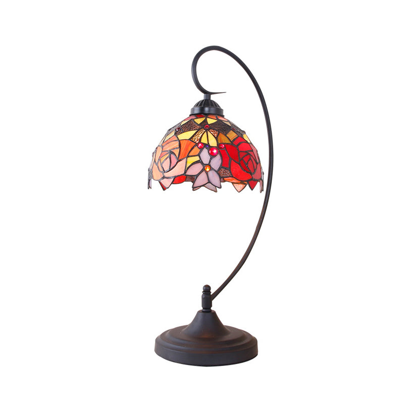 Hand-Cut Glass Domed Nightstand Lamp With Mediterranean Petal Pattern In Black