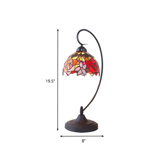 Hand-Cut Glass Domed Nightstand Lamp With Mediterranean Petal Pattern In Black