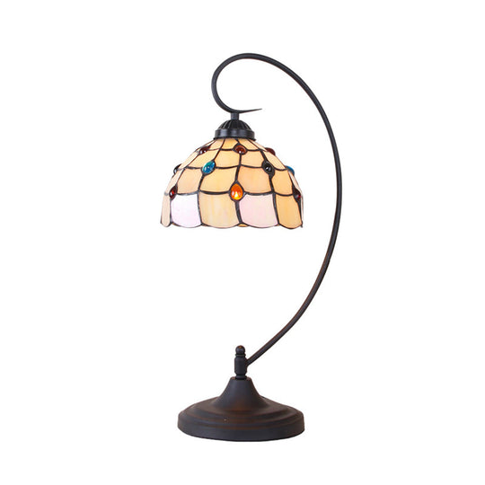 Beige/White And Silver Glass Night Lamp With Victorian Style Curvy Arm - Elegant Black Lattice Bowl