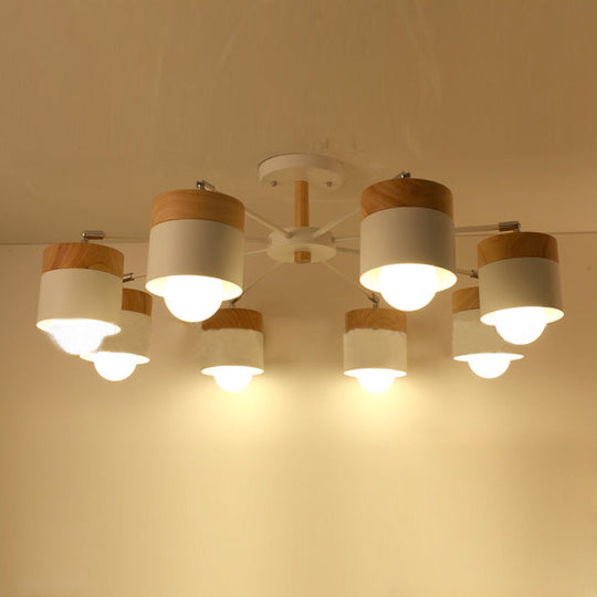 8-Light Modern White Metal and Wood Semi Flush Chandelier - Stylish Ceiling Light Fixture