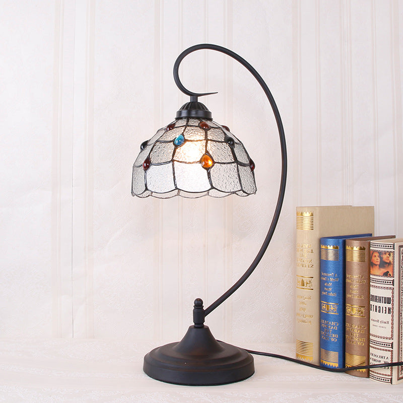 Beige/White And Silver Glass Night Lamp With Victorian Style Curvy Arm - Elegant Black Lattice Bowl