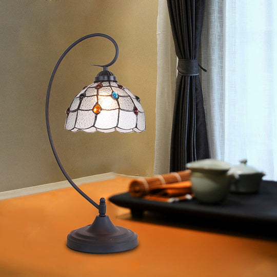 Beige/White And Silver Glass Night Lamp With Victorian Style Curvy Arm - Elegant Black Lattice Bowl