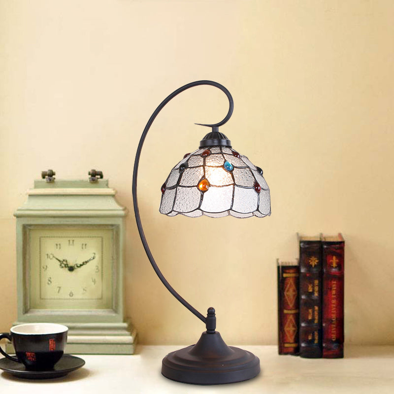 Beige/White And Silver Glass Night Lamp With Victorian Style Curvy Arm - Elegant Black Lattice Bowl