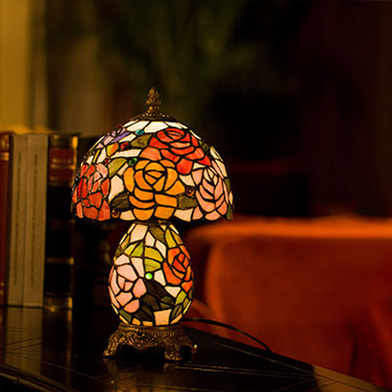 Stained Glass Victorian Vase Nightstand Lamp - Floral Patterned Night Table Light With Coffee Bowl