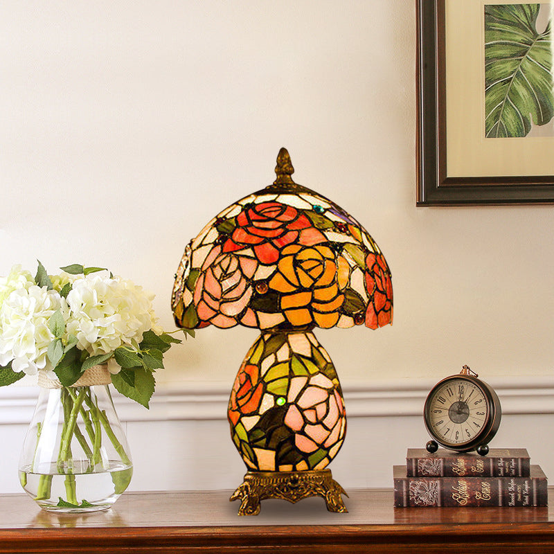 Stained Glass Victorian Vase Nightstand Lamp - Floral Patterned Night Table Light With Coffee Bowl