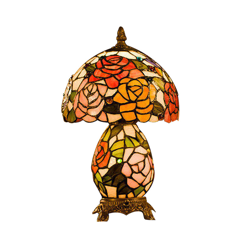 Stained Glass Victorian Vase Nightstand Lamp - Floral Patterned Night Table Light With Coffee Bowl