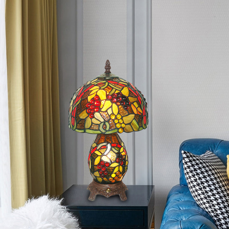 Mediterranean Glass Table Lamp With Grapes Pattern Coffee Hand Cut Night Lighting & Dome Shade