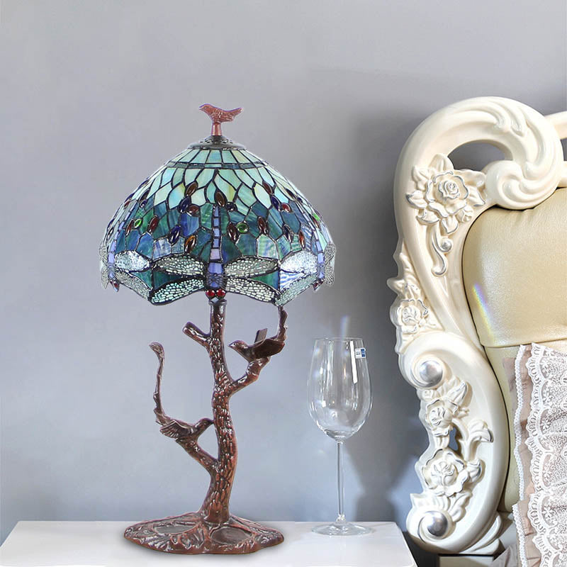 Victorian Dragonfly Stained Art Glass Night Light Lamp With Domed Shade And Bird Deco - 1 Head