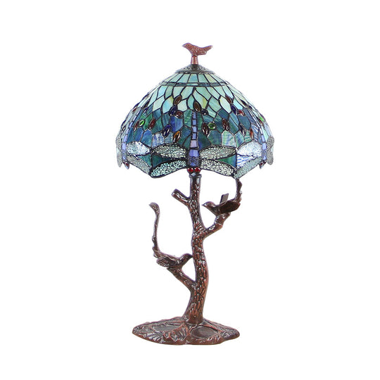 Victorian Dragonfly Stained Art Glass Night Light Lamp With Domed Shade And Bird Deco - 1 Head