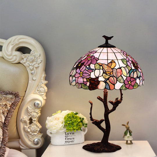 Tiffany Coffee Flower Patterned Bedroom Night Lamp - Hand Cut Glass Shade