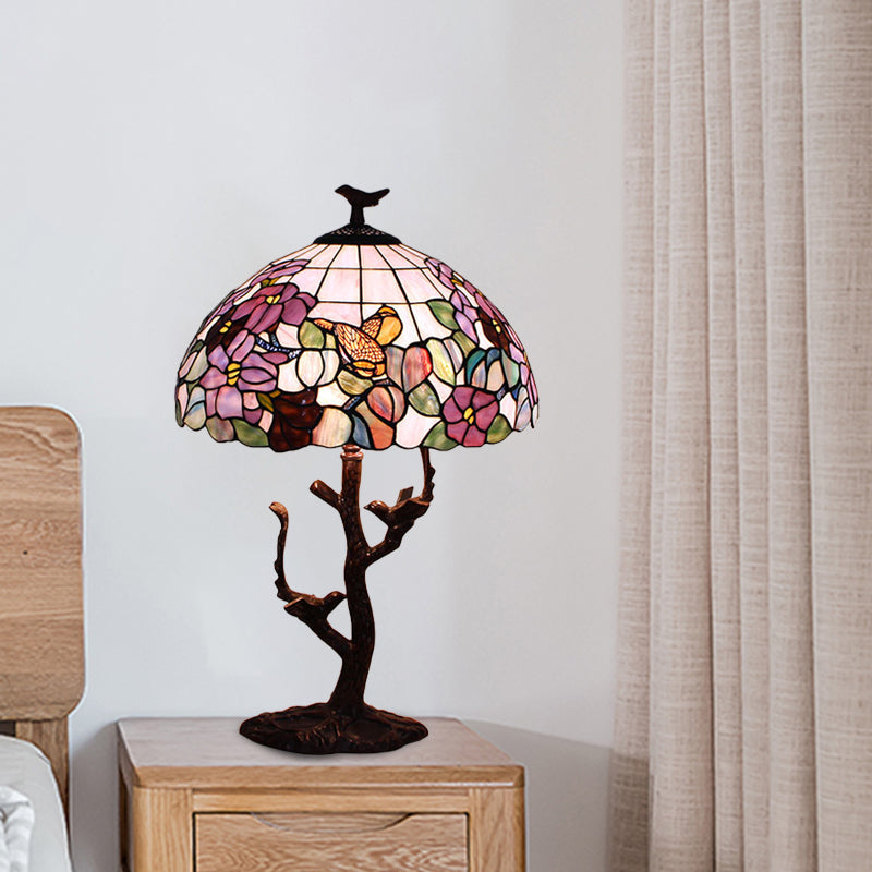 Tiffany Coffee Flower Patterned Bedroom Night Lamp - Hand Cut Glass Shade