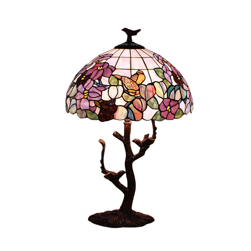 Tiffany Coffee Flower Patterned Bedroom Night Lamp - Hand Cut Glass Shade