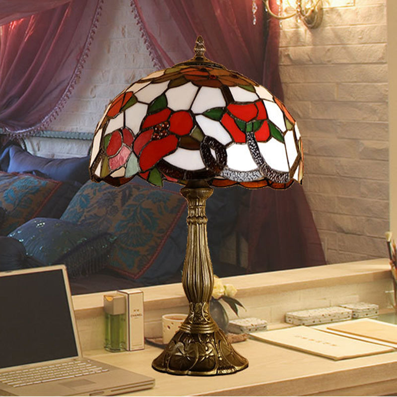 Bronze Table Lamp With Stained Art Glass Blossom Pattern And Baroque Bowl Shade