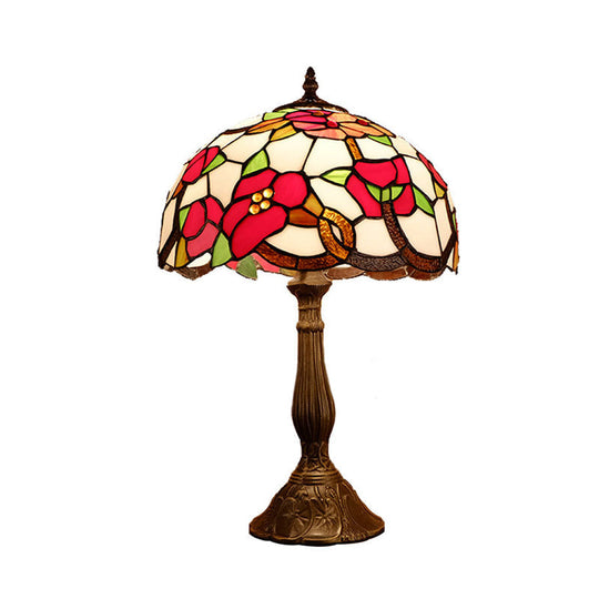 Bronze Table Lamp With Stained Art Glass Blossom Pattern And Baroque Bowl Shade