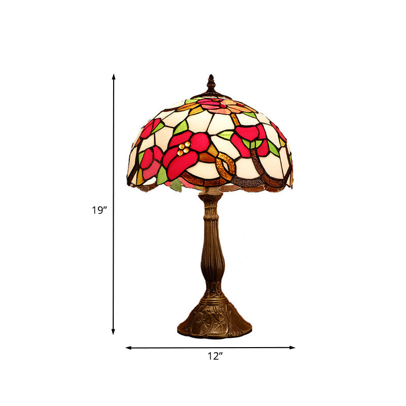 Bronze Table Lamp With Stained Art Glass Blossom Pattern And Baroque Bowl Shade