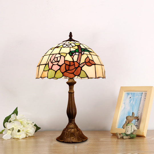 Victorian Domed Bronze Nightstand Light With Hand Cut Rose Pattern Glass - 1