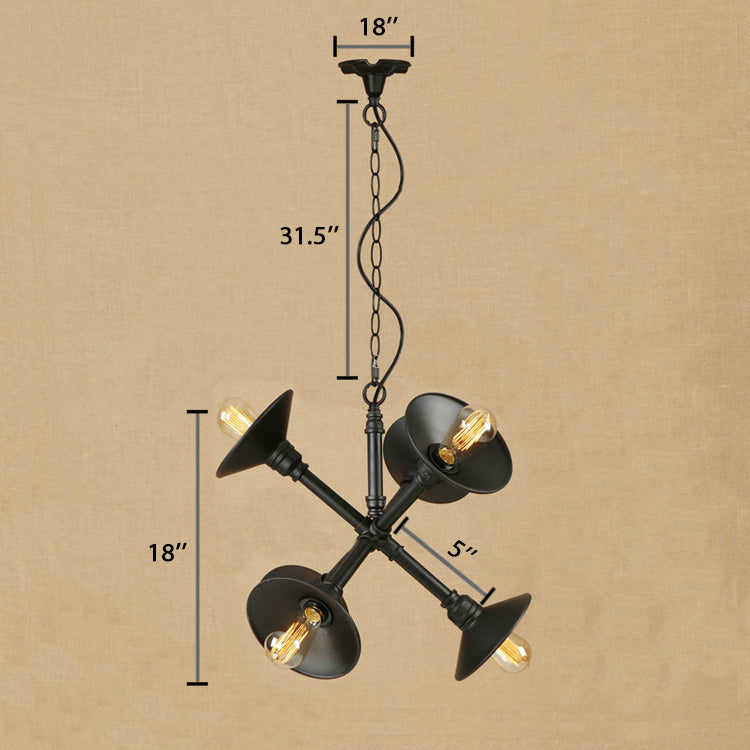 Industrial 6-Light Flared Chandelier For Bar With Black Metal Finish