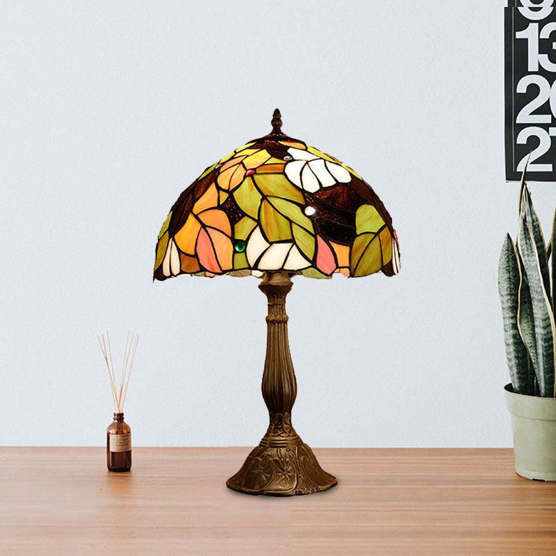 Samantha - Head 1 Head Dome Table Lamp Baroque Style Yellow/Green/Orange Stained Glass Nightstand Lamp with Leaf/Flower Pattern