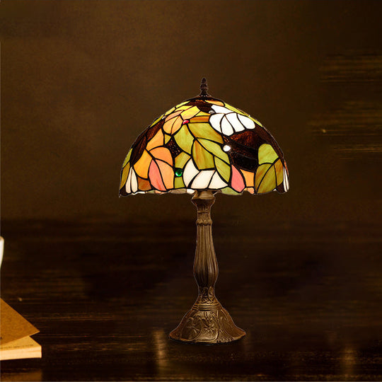 Samantha - Head 1 Head Dome Table Lamp Baroque Style Yellow/Green/Orange Stained Glass Nightstand Lamp with Leaf/Flower Pattern