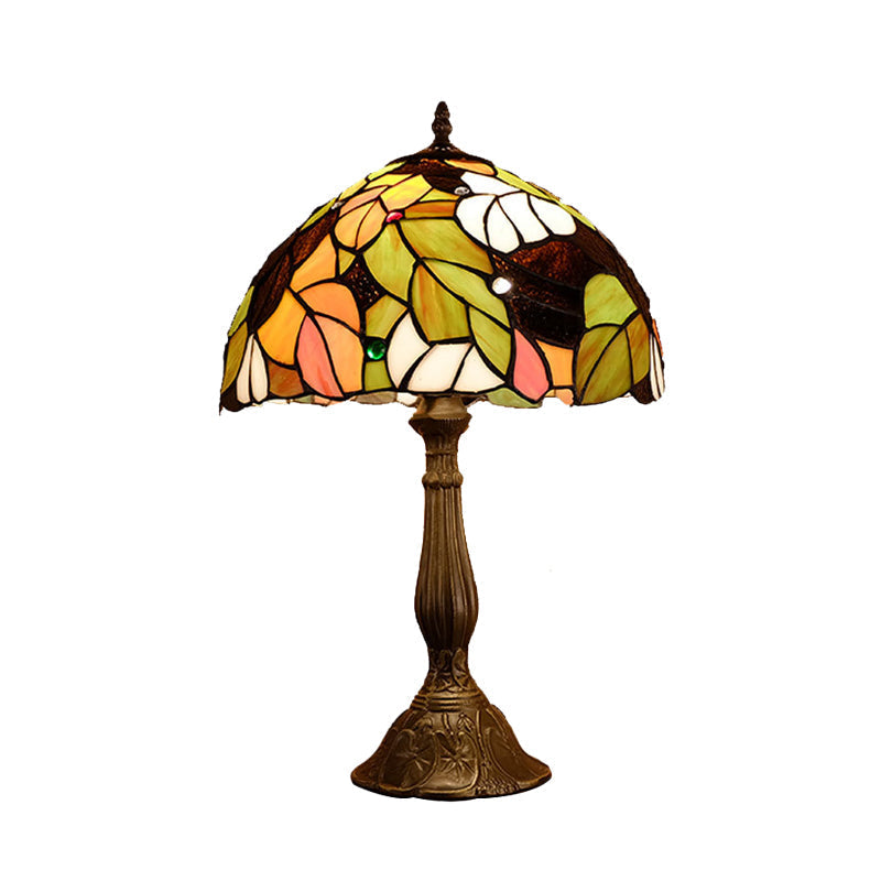 Samantha - Head 1 Head Dome Table Lamp Baroque Style Yellow/Green/Orange Stained Glass Nightstand Lamp with Leaf/Flower Pattern