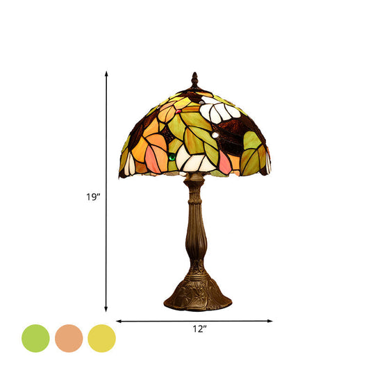 Samantha - Head 1 Head Dome Table Lamp Baroque Style Yellow/Green/Orange Stained Glass Nightstand Lamp with Leaf/Flower Pattern