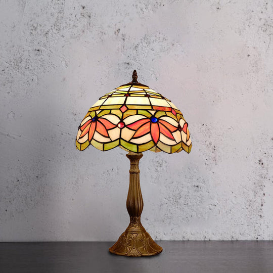 Samantha - Head 1 Head Dome Table Lamp Baroque Style Yellow/Green/Orange Stained Glass Nightstand Lamp with Leaf/Flower Pattern