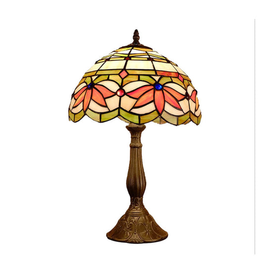 Samantha - Head 1 Head Dome Table Lamp Baroque Style Yellow/Green/Orange Stained Glass Nightstand Lamp with Leaf/Flower Pattern