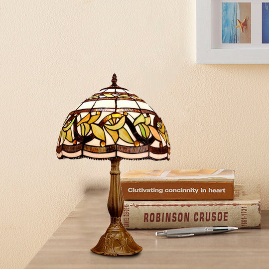 Samantha - Head 1 Head Dome Table Lamp Baroque Style Yellow/Green/Orange Stained Glass Nightstand Lamp with Leaf/Flower Pattern